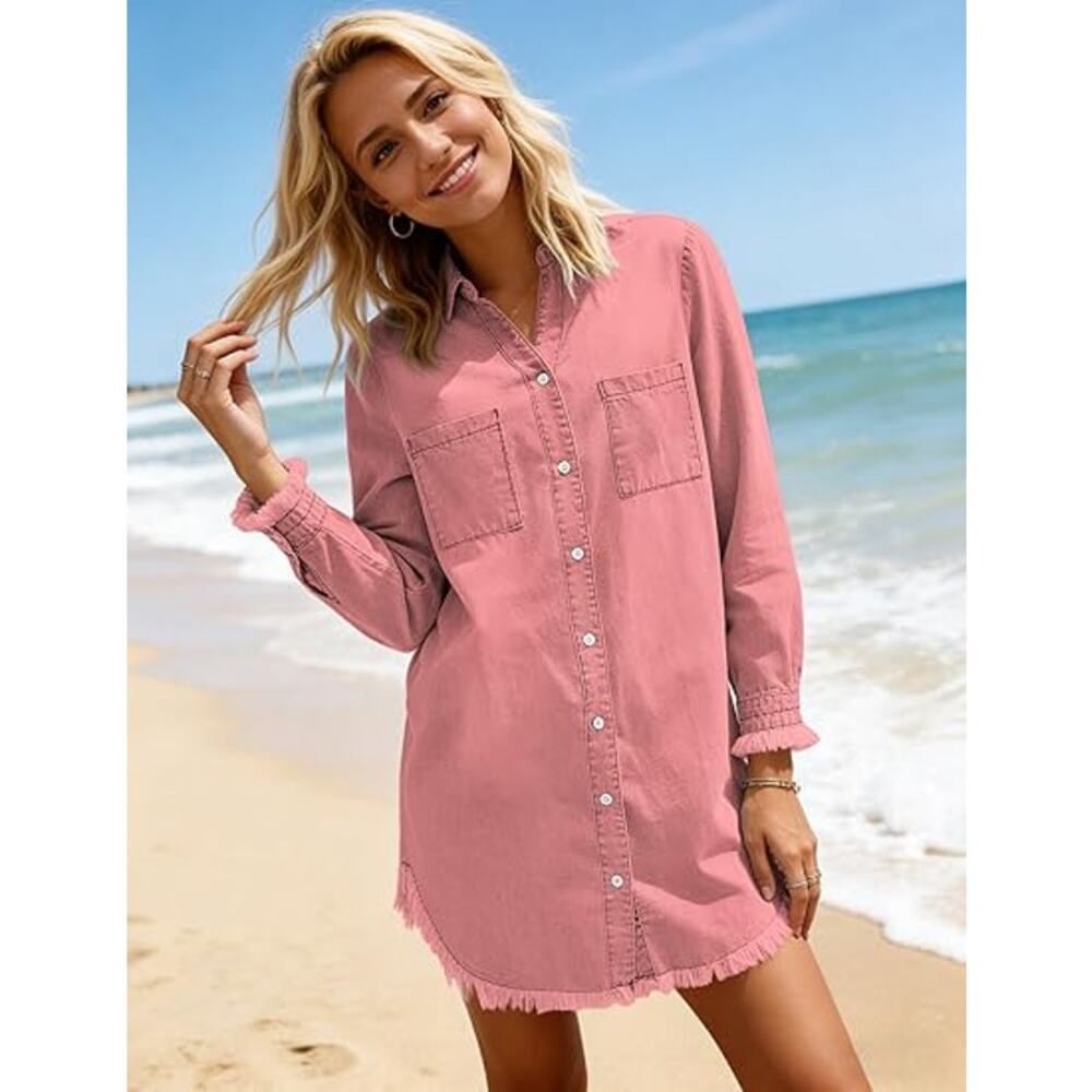 Zilcremo denim pink button down long sleeved raw hem women's dress size Small